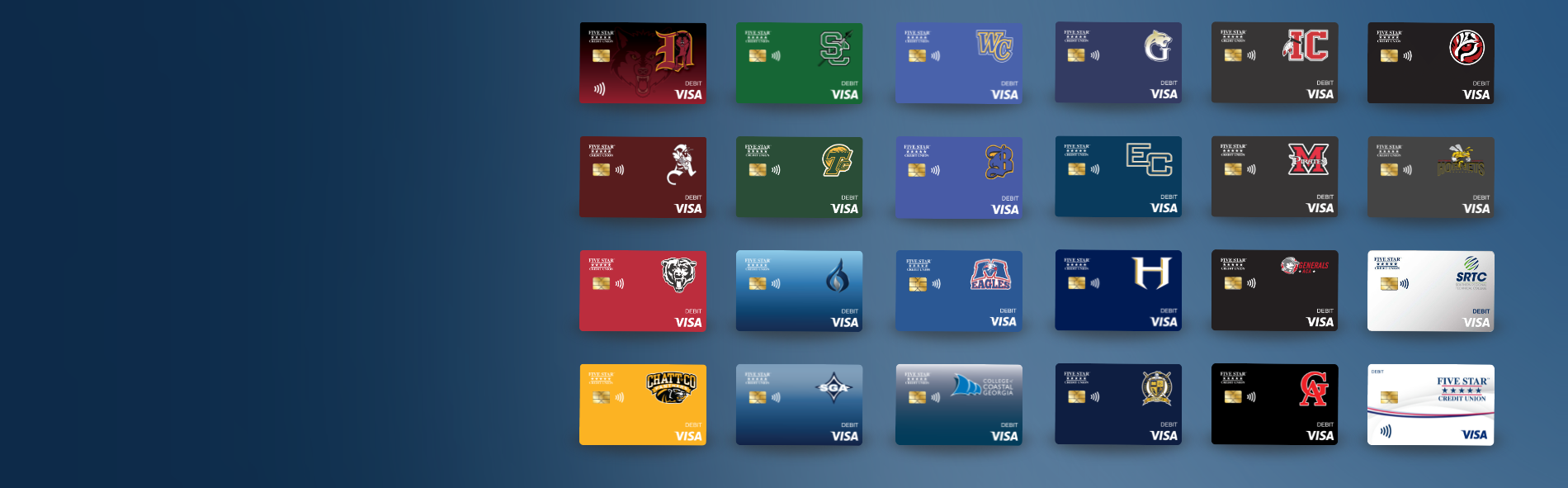 Web image of all of the school themed debit cards offered exclusively at Five Star. 