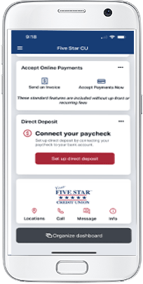 Five Star mobile app showing the direct deposit card. 